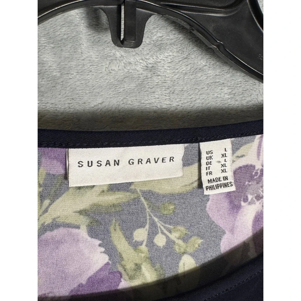 Susan Graver Navy Blue Floral Trim Long Sleeve Top Gold Button Detail Large